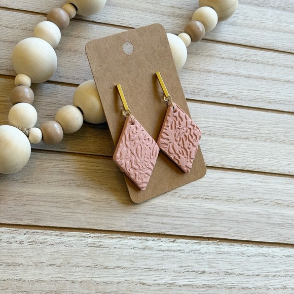 Gold Handmade Rose Pink Diamond-Shaped Earrings Boho Chic Statement Jewelry - Picture 2 of 3